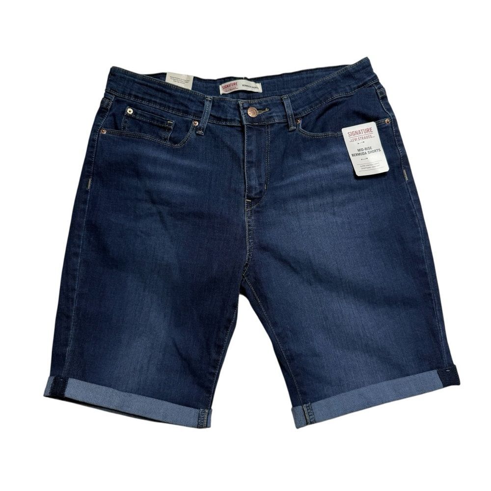 NWT Signature Levi Strauss Mid Rise Shorts Cuffed Super Stretch Blue Sz 12